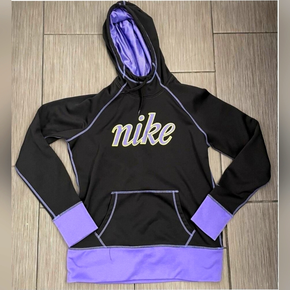 Nike Women’s Therma-Fit Hoodie Black Sweatshirt Purple/Neon Logo Size Large